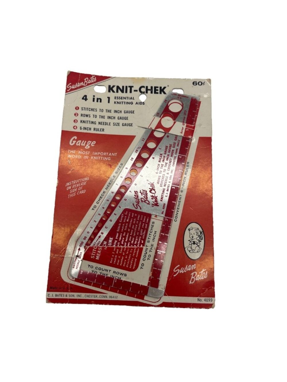 VINTAGE Susan Bates “Knit-Chek” Knitting Needles Gauge Metal Measure Tool #4099